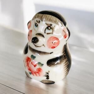 Hand Painted Pink Rose Hedgehog Russian Gzhel Figurine Faerie Fairy Garden Decor